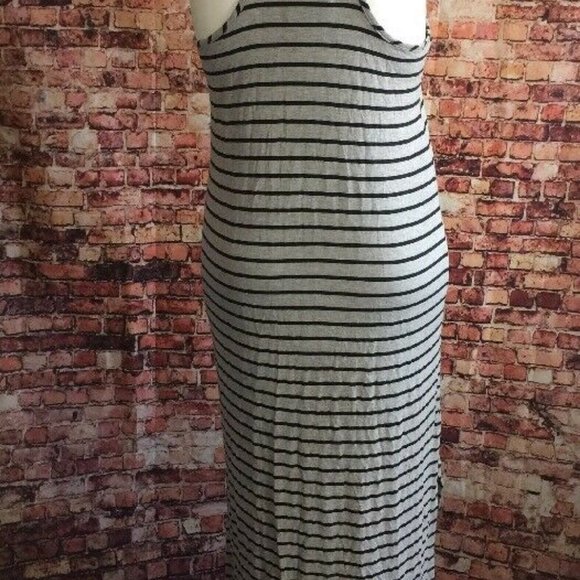 Blue Curl Gray Black Stripes Side Slit Maxi Dress - Picture 4 of 4